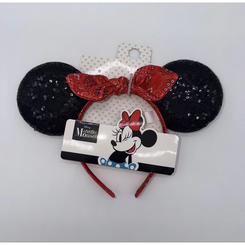NEW Disney Minnie Mouse Sequin Ears Headband Red Bandana Bow Black One Size